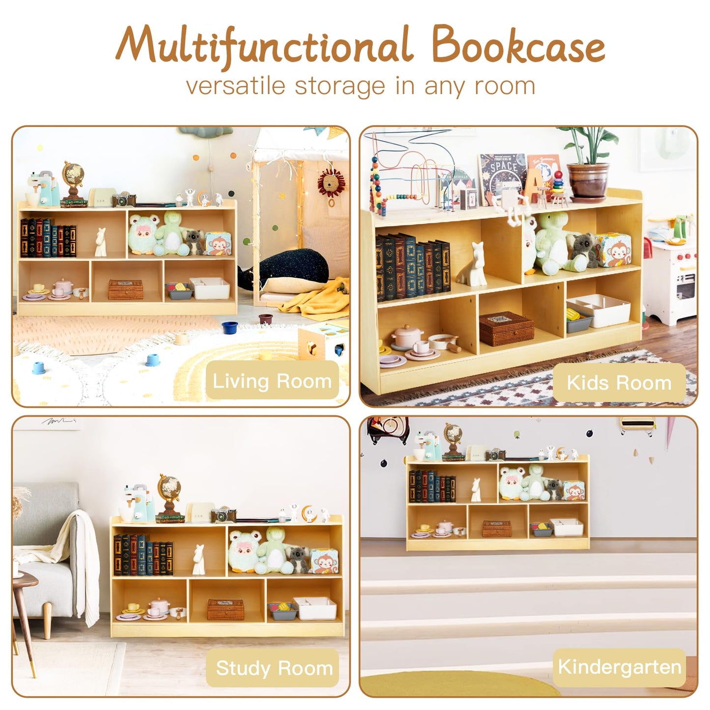 PTINFLUCE Montessori Shelf, Wooden Toy Storage Organizer for Books Toys, 2 Shelf Bookcase, 5-Section Storage Cabinet, Toddler Book Shelf for Kids Rooms, Playroom, Nursery, Kindergarten (Natural)