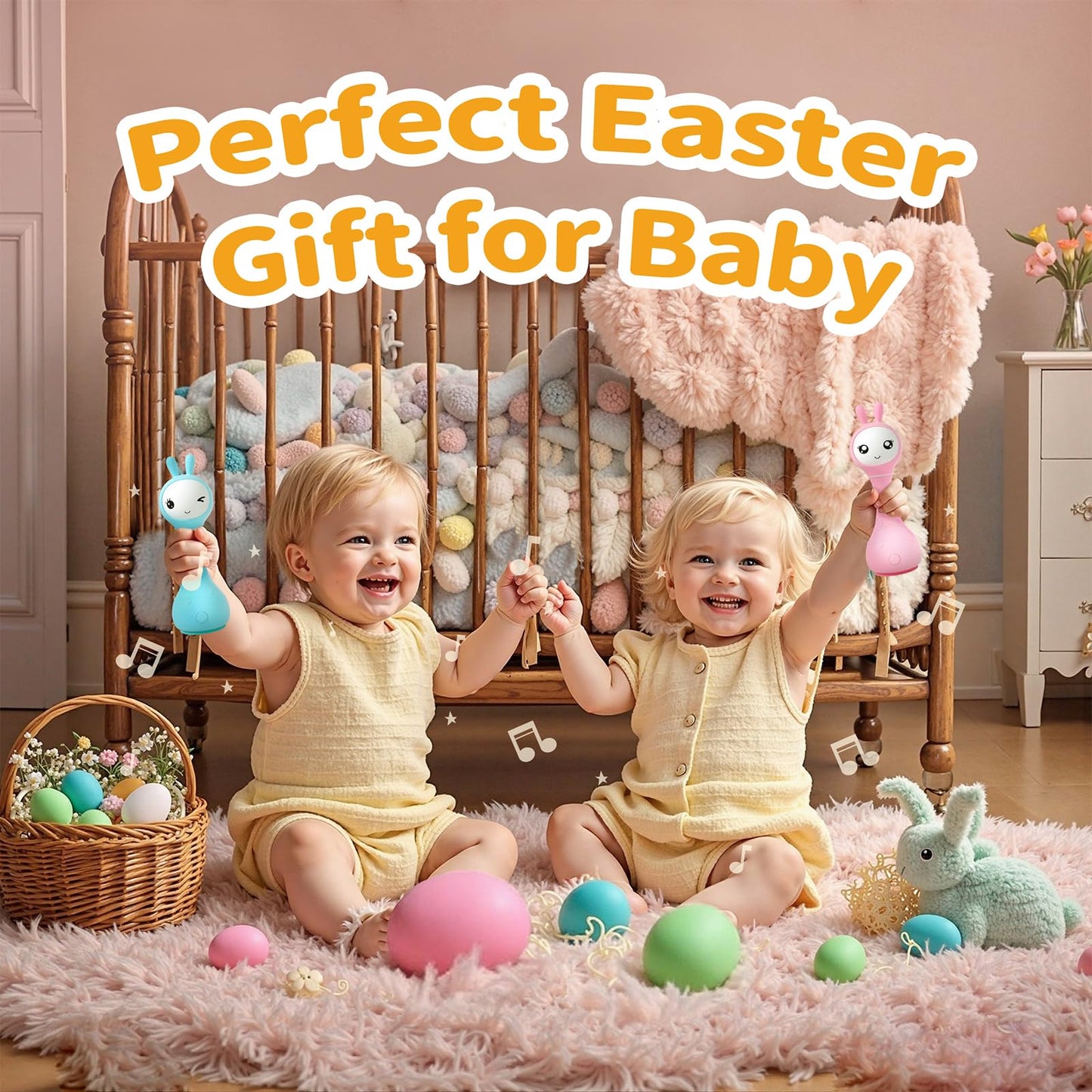 alilo Smarty Bunny Baby Rattle Musical Light Up Toys, Infants Newborns Baby Toys 0-3-6-12-18-24 Months,1 Year Old Boy Girl Easter Gifts, 4 Music Modes and Color Recognition Function with 9 Color Card