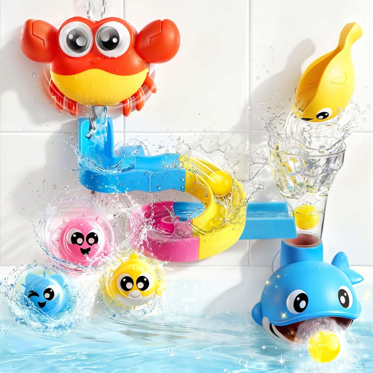 lalalark Bath Toys for Kids, 7-in-1 Shower Bathtub Toy with Crab, Whale, Rotating Fish & Slide Track, Interactive Water Play Set with Pour & Spray Fun for Toddlers, Boys Girls Birthday Gifts 3-5