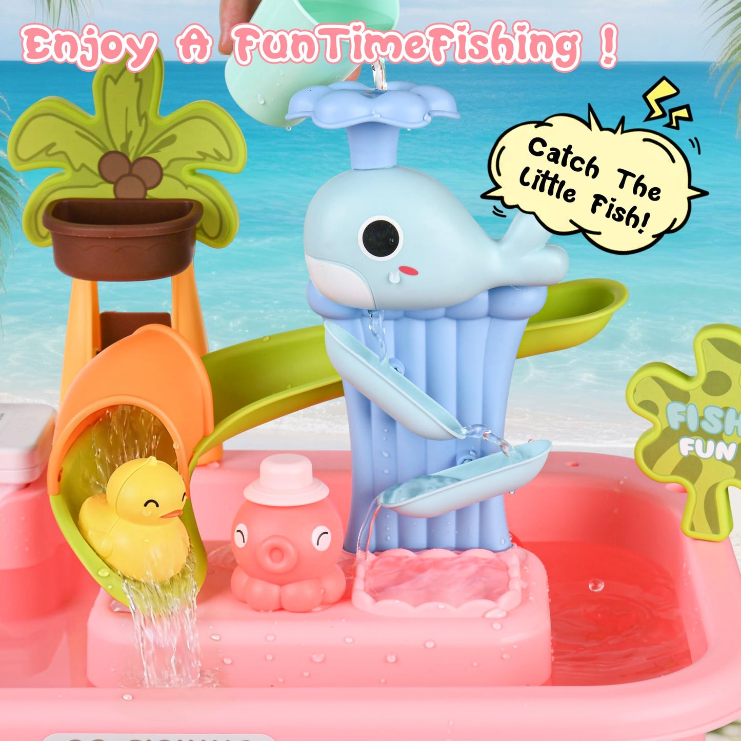 Mobelixy Upgraded Toddler Sand Water Table Toy with Electric Water Pump, Kids Sand Water with Faucet/Play Food Accessories/Fishing Toy, Kitchen Play Sink Toys for Girl Boy Age 3+ (Pink)