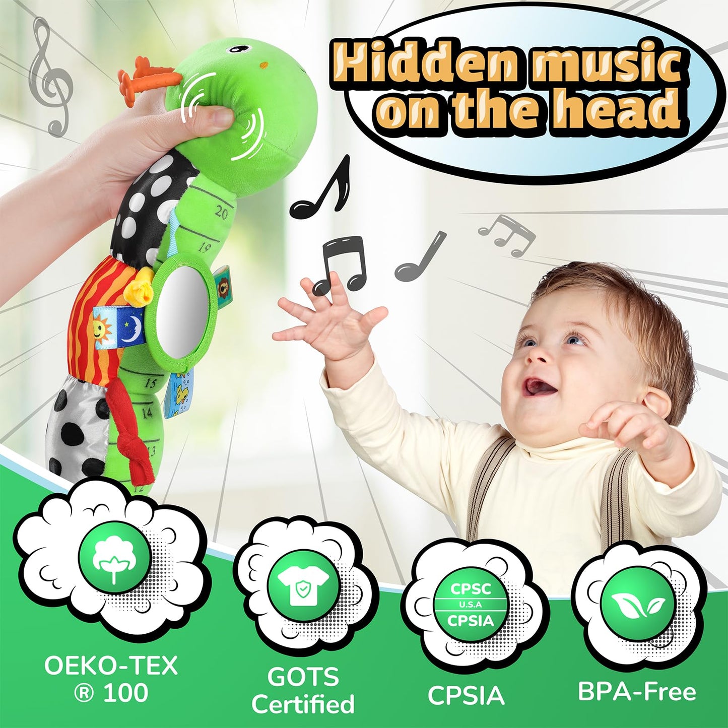 LIGHTDESIRE Baby Toys Musical Caterpillar,Infant Toys 3 6 12 Months Sensory Toy with Ruler Design,Mirror,Pull String,Crinkle&Ring Bell,Baby Teething Toy for Tummy Time Boy Girl Gifts (Lime Green)