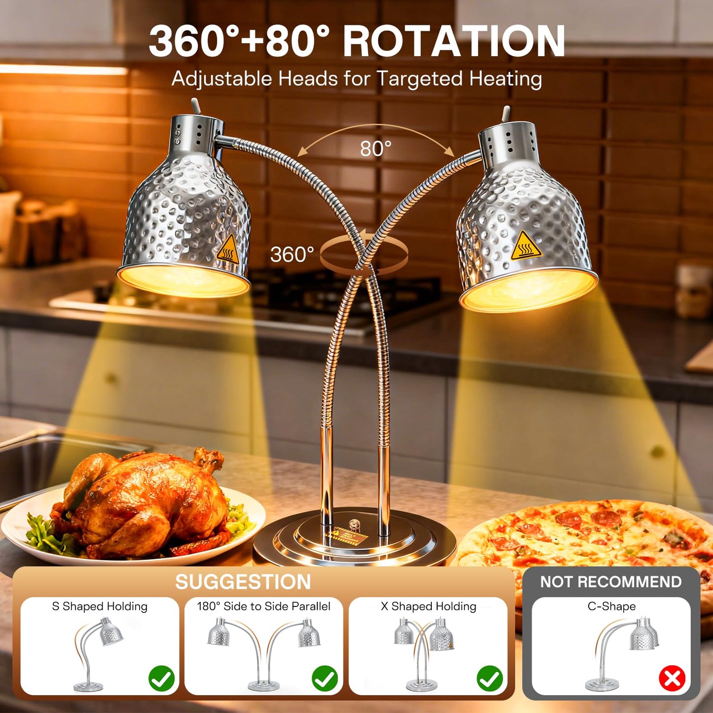 Hiteemer Food Heat Lamp - 500W Commercial Food Warmer Lamp 2-Head Portable Electric Heating Lamps Catering Warming Light for Buffet Parties Restaurant Kitchen, Silver