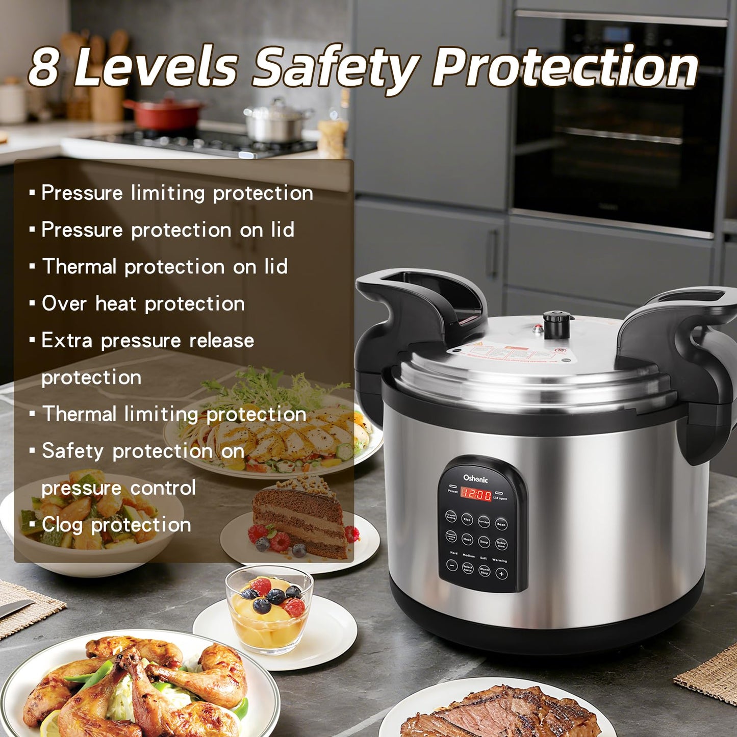 Oshenic 26.4QT Commercial Electric Pressure Cooker,208-240V 2500W Large Stainless Steel Pressure Cooker,9 in 1 Multicooker Slow Cooker With LED,Not Stick Inner Pot,24 Hours Preset & Auto Keep Warm