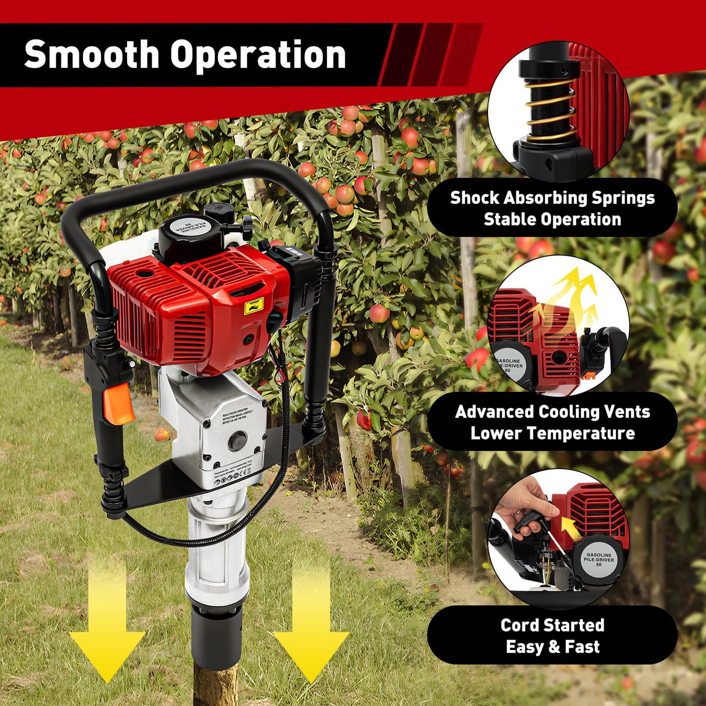 POIOKLJRE Post Driver, 52cc Gas Powered T Post Driver, 1900W Fence Post Driver, Shock Absorption and Safety Lock Heavy-Duty Gasoline Post Driver, Quick Pile Installation, Suitable for Professional Use