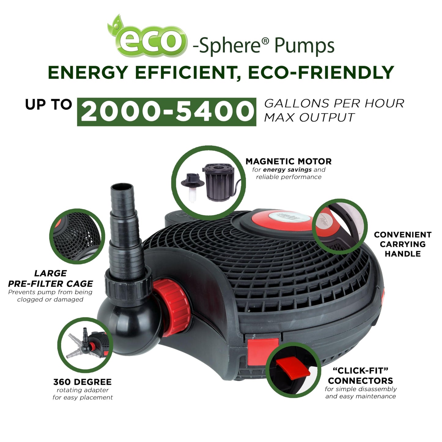 Alpine Corporation PUR5400C Eco-Sphere 5400 GPH Pond Pump with Controller and 33-ft Cord, Energy-Saving, Black/Red