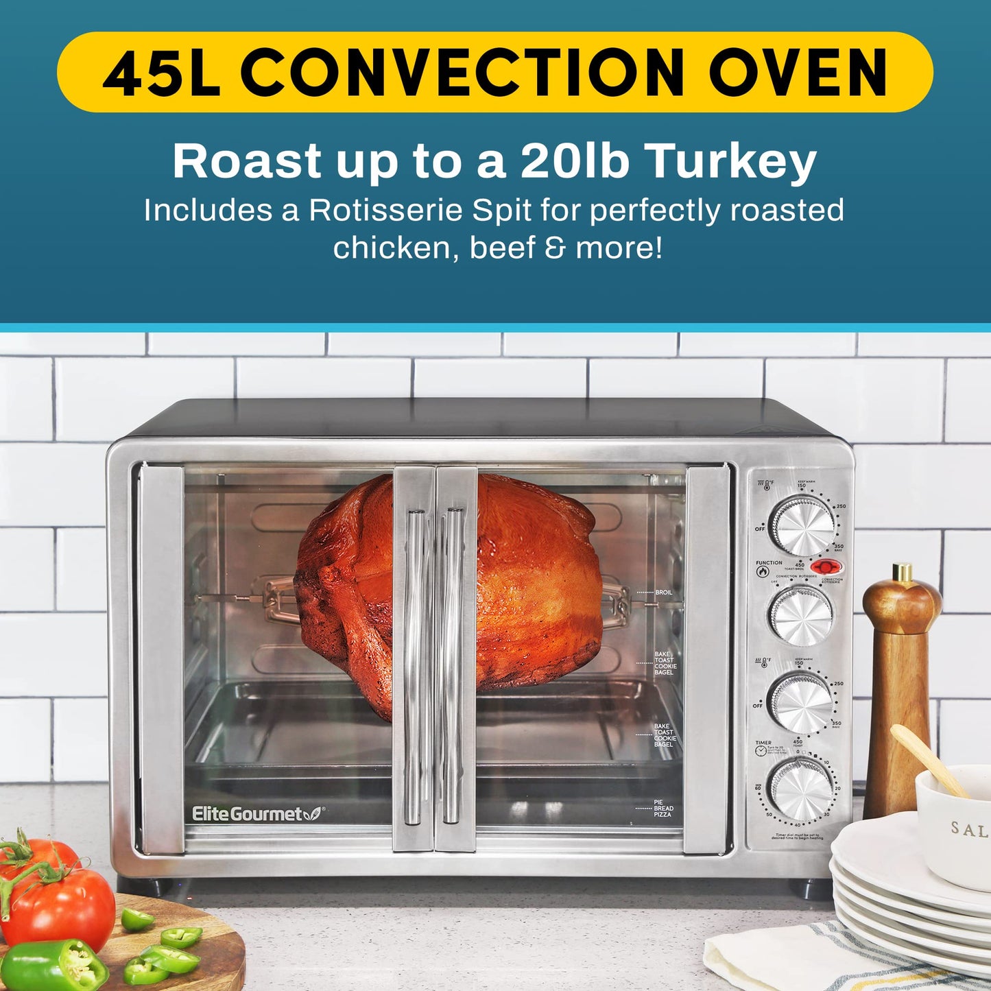 Elite Gourmet ETO4510B French Door 47.5Qt, 18-Slice Convection Oven 4-Control Knobs, Bake Broil Toast Rotisserie Keep Warm, Includes 2 x 14" Pizza Racks, Stainless Steel