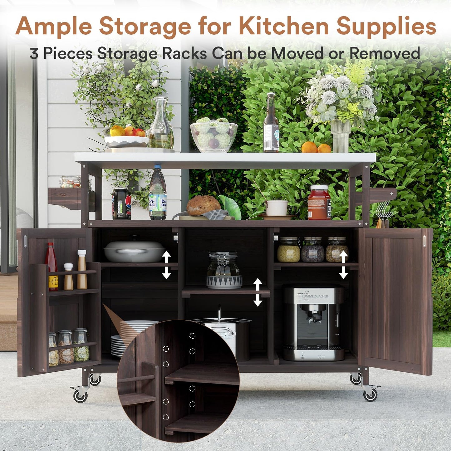 Zevemomo Outdoor Grill Cart with Storage, Stainless Steel Tabletop Outdoor Kitchen Island, Fir Wood Outdoor Buffet Cabinet with Lockable Wheels for Grilling, Dark Brown