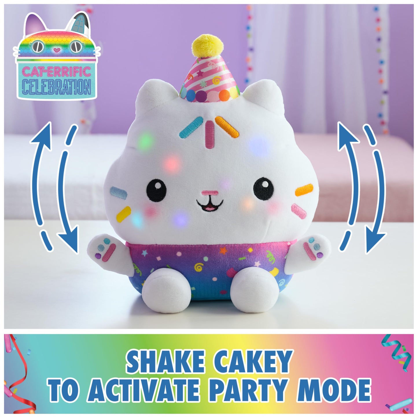 Gabby's Dollhouse Celebrations, Sprinkle Party Cakey Cat Plush, 10-Inch Interactive Stuffed Animal with Sounds, Kids Toys for Girls & Boys Ages 3+