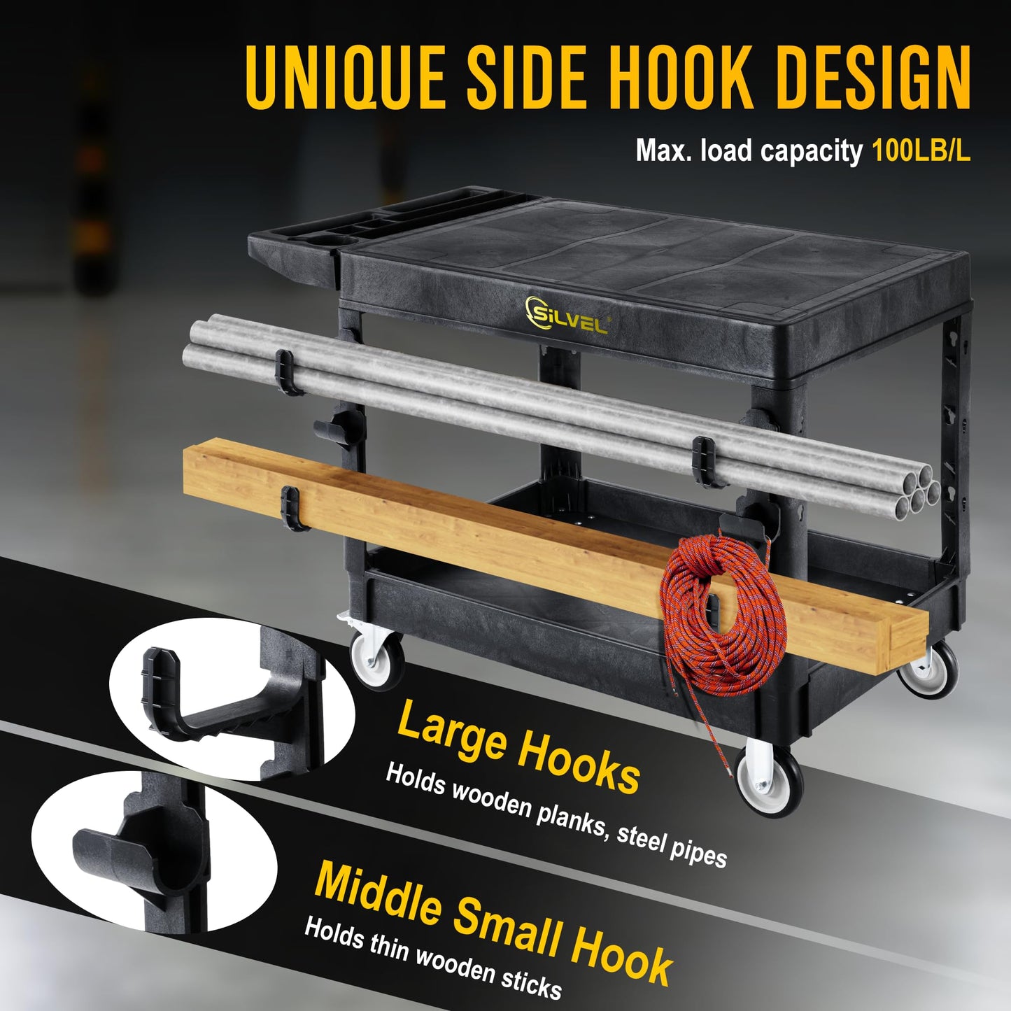SILVEL Flat Top Utility Cart 45.6X25.2in Heavy Duty Flat with Full Swivel Wheels 600LBS Capacity 2 Shelf Service Cart Rolling Utility Carts with Wheels Ergonomic Handle for Warehouse,Garage,Cleaning