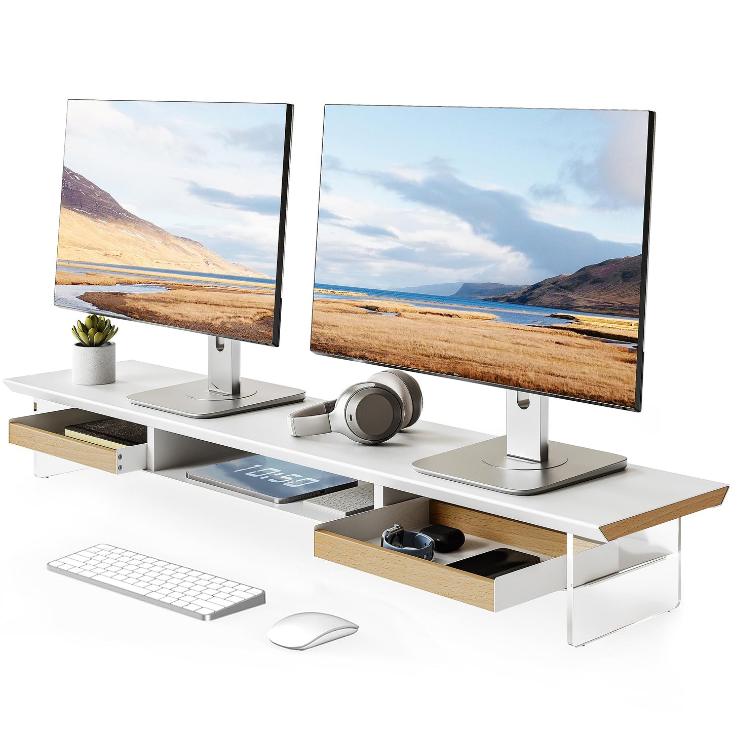 Fenge Dual Monitor Stand with Drawer, 42.5 Inch Large Monitor Riser with Acrylic Legs Supports, Computer Stand for Desk, 2 Tier Wood Desk Shelf with Storage Organizer for PC, Laptop, Printer, TV
