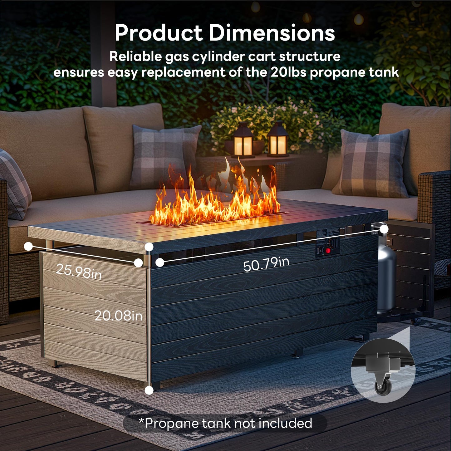 50” Outdoor Propane Fire Pit Table, 50,000 BTU Rectangular Gas Fire Pit with Lid & Blue Crystal Stones, Steel Tabletop, Adjustable Flame, 4-in-1 FirePit Table for Patio, Backyard, Outdoor Gatherings