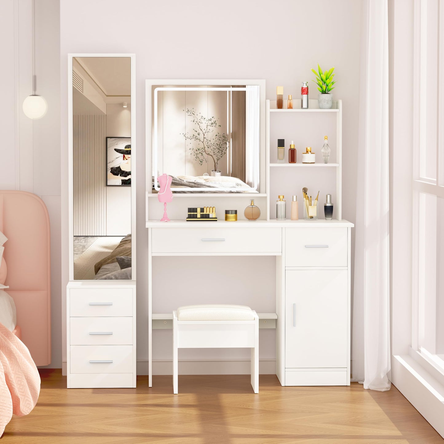 INTERGREAT Makeup Vanity Desk with Lights and Full-Length Mirror, White Vanity Table Set with 3 Lighting Modes, Dressing Table with Drawers, Large Vanity Desk for Women and Girls' Bedroom