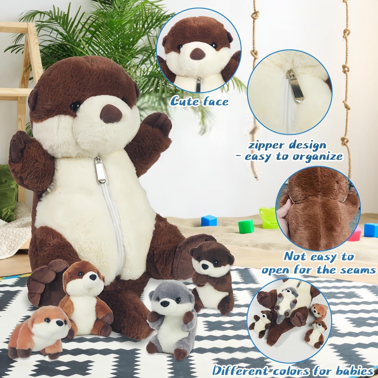 5 Pcs Sea Otter Stuffed Animal Plush Otter Set Large Mommy Stuffed Otter Plush Toy with 4 Babies in Zipper Pouch, Soft Cuddly Otter Plushies Pillow for Kids Boys Girls Birthday Christmas Plush Gifts