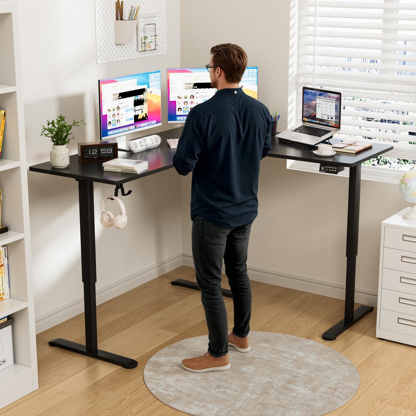 Furmax L Shaped Standing Desk with 2 Preset Heights, Electric Height Adjustable Computer Table, 2 Hooks & Feet Balance, Corner Sit Stand Desk for Home Office