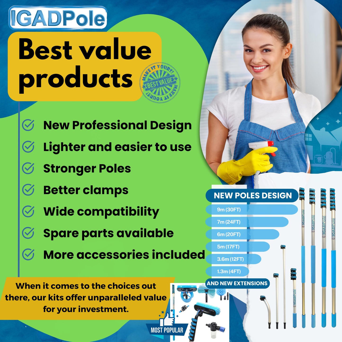 IGADPole 24 FT Water-Fed Washing Kit with Soap-Dispenser, Brush, 10″ Squeegee & Cobweb Duster for Windows, Gutters, Solar Panels & Exterior Walls