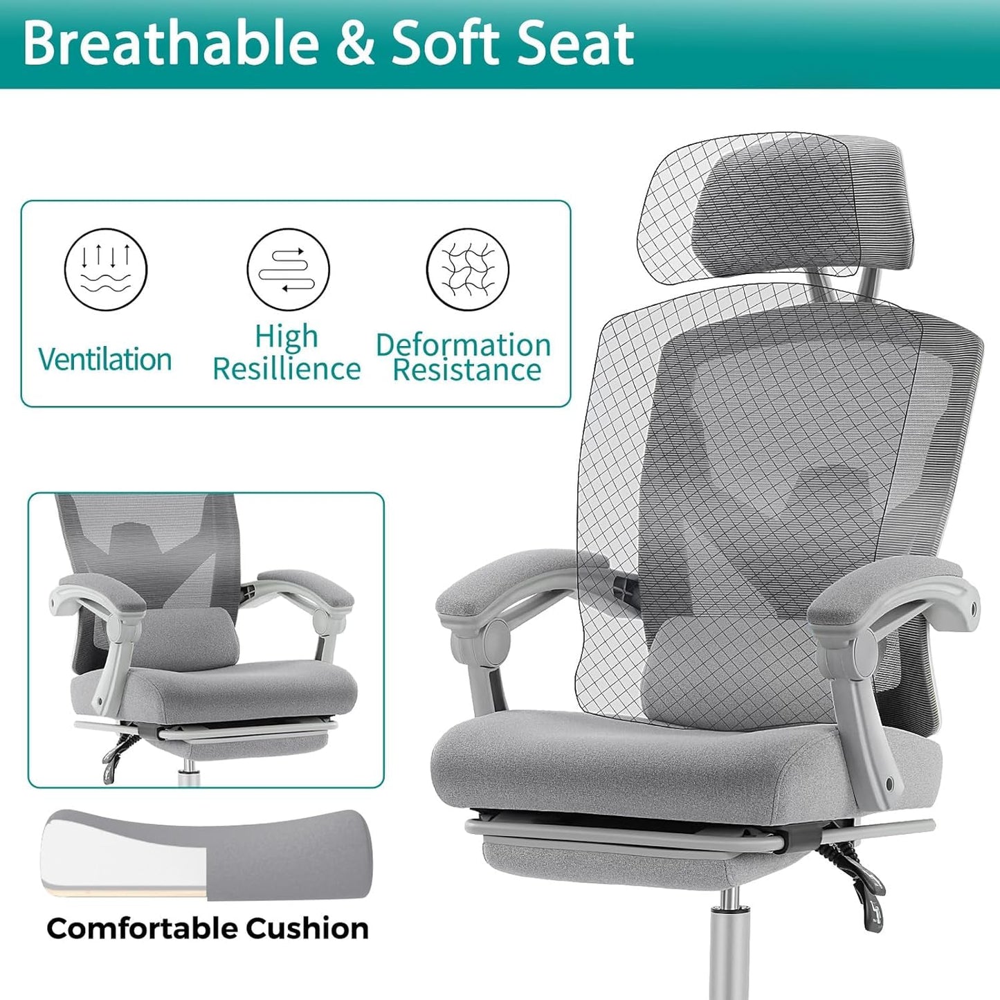 DUMOS Home Office Desk Chair with Footrest, High-Back Mesh Rolling Swivel Reclining Chairs with Wheels, Comfortable Headrest, Lumbar Support, Comfy Arms for Home, Office, Gaming, Student,Elegant Grey