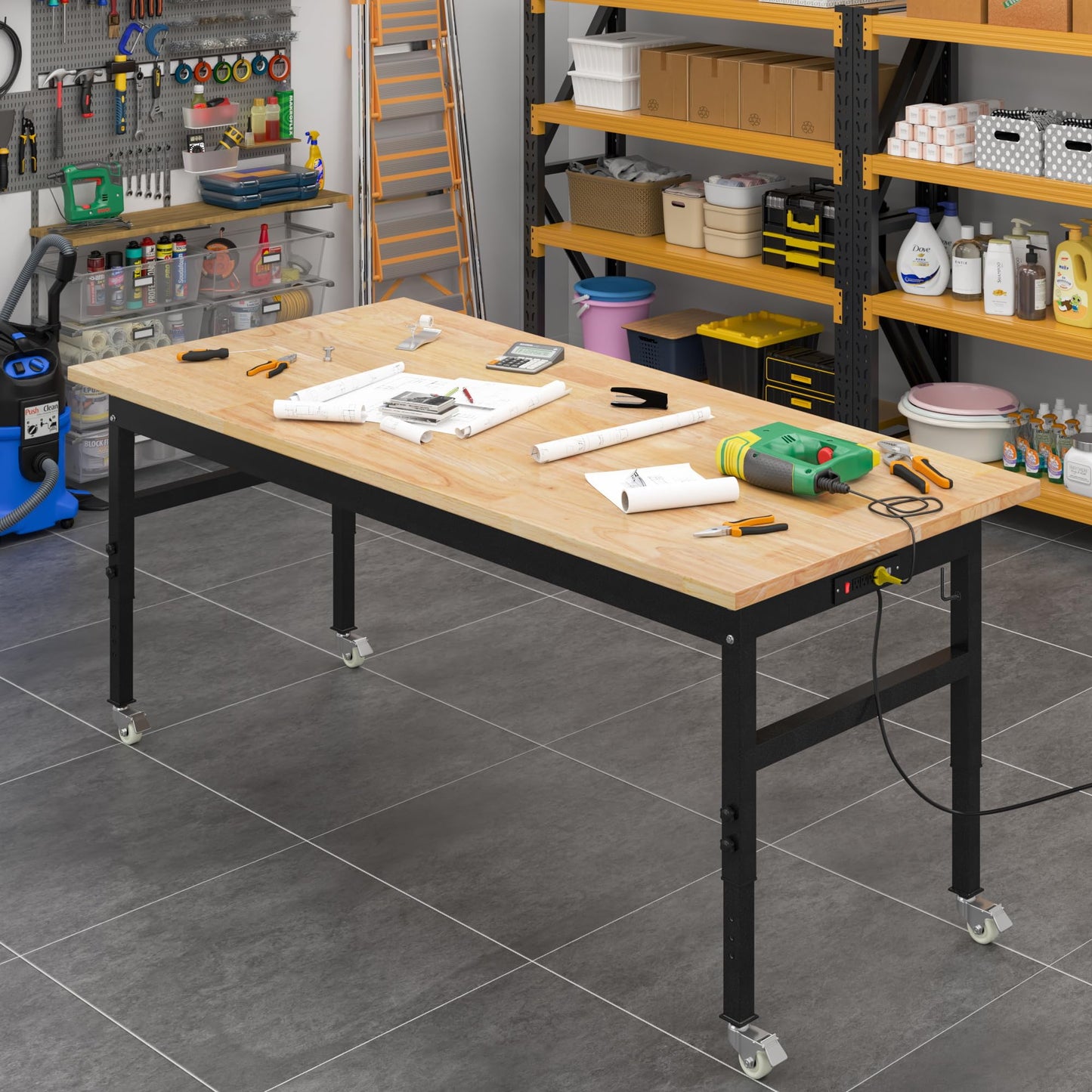 60" Adjustable Work Bench, Rubber Wood Top Workbench Heavy-Duty Work Table with Power Outlet and Wheels, 2000 LBS Load Capacity Hardwood Work Benches for Garage, Workshop, Home, Office, Easy Assembly