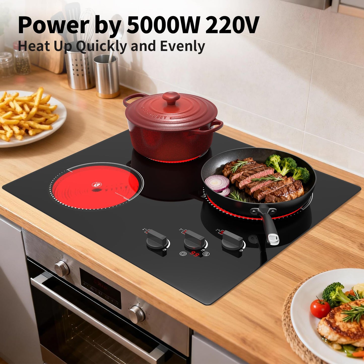 VBGK Electric Cooktop,24 inch 220V Stove Top,Touch and Knob Control,LED,9 Power Levels, Kids Lock &Timer,Overheat Protection,5000W 3 burner electric cooktop.