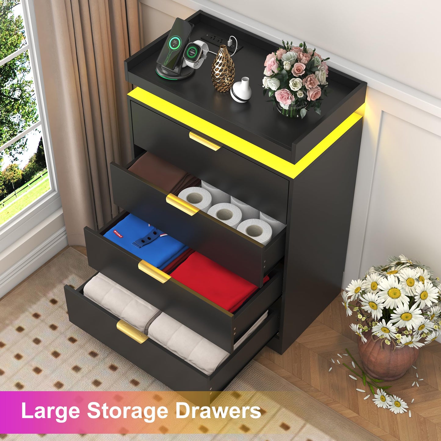 knoworld Black Dresser with LED Lights, Wooden LED Dresser, 4 Drawer Chest with Charging Station, Tall Chest of Drawer Closet Organizer for Bedroom, Living Room, Entryway, Hallway