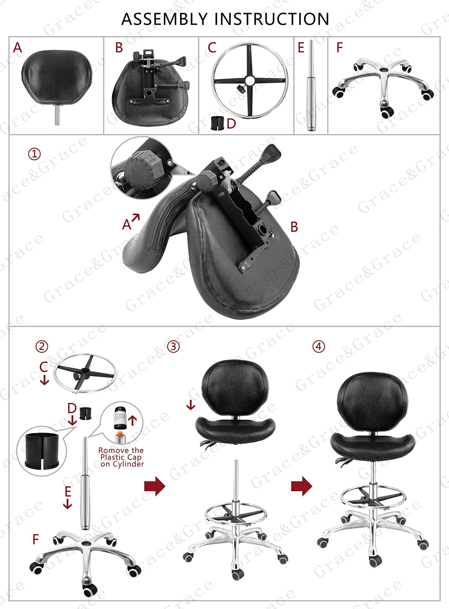 Grace&Grace Drafting Chair Adjustable Tall Shop Stool, Rolling Chair with Backrest and Footrest for Computer, Studio, Workshop, Classroom, Lab, Counter, Home Office (Black)