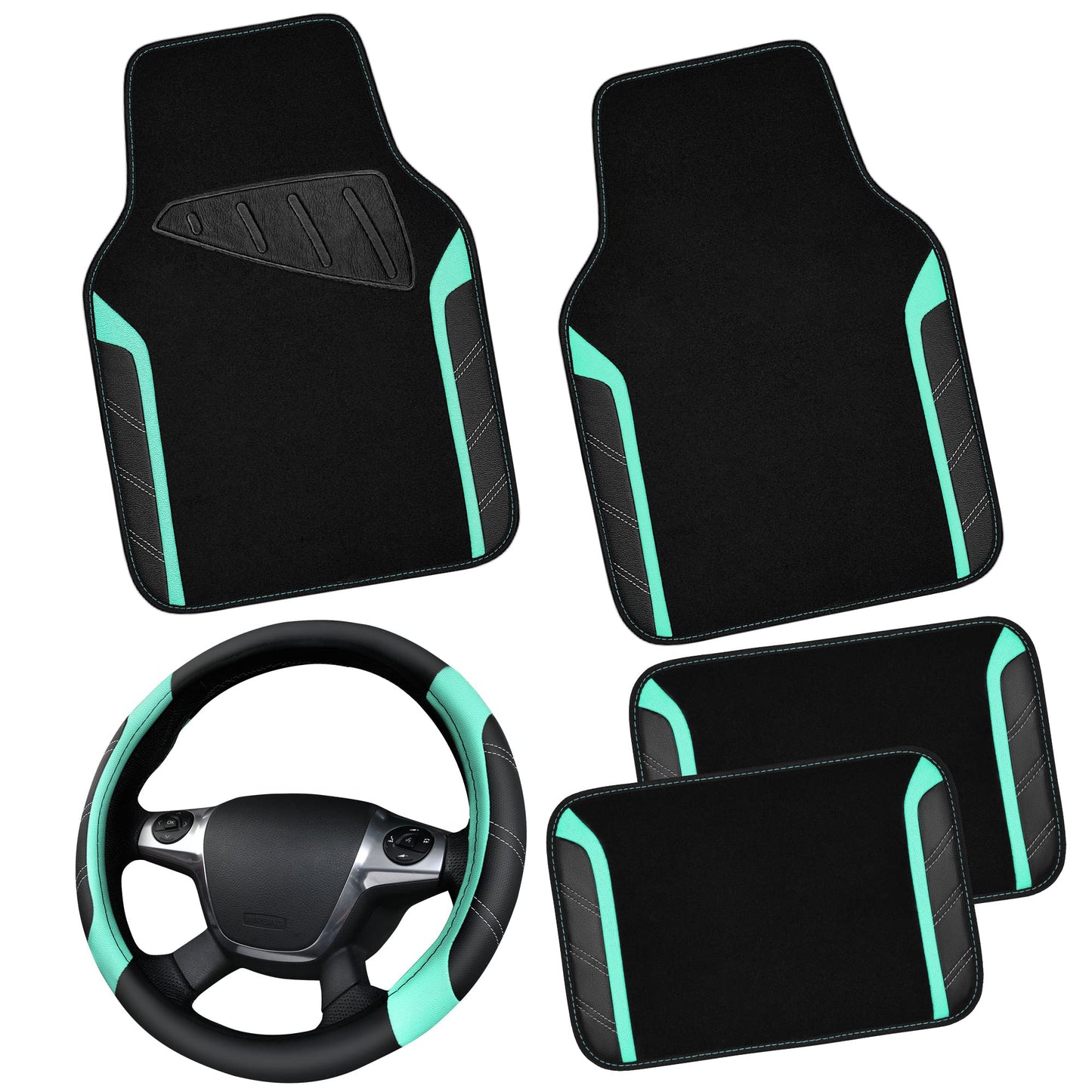 CAR PASS Microfiber Steering Wheel Cover and Waterproof Car Floor Mats,Leather Universal Car Combo Fit for 95% Truck,SUV,Cars,14.5-15inch Sporty Anti-Slip Safety Comfortable Design(Black and Pink)