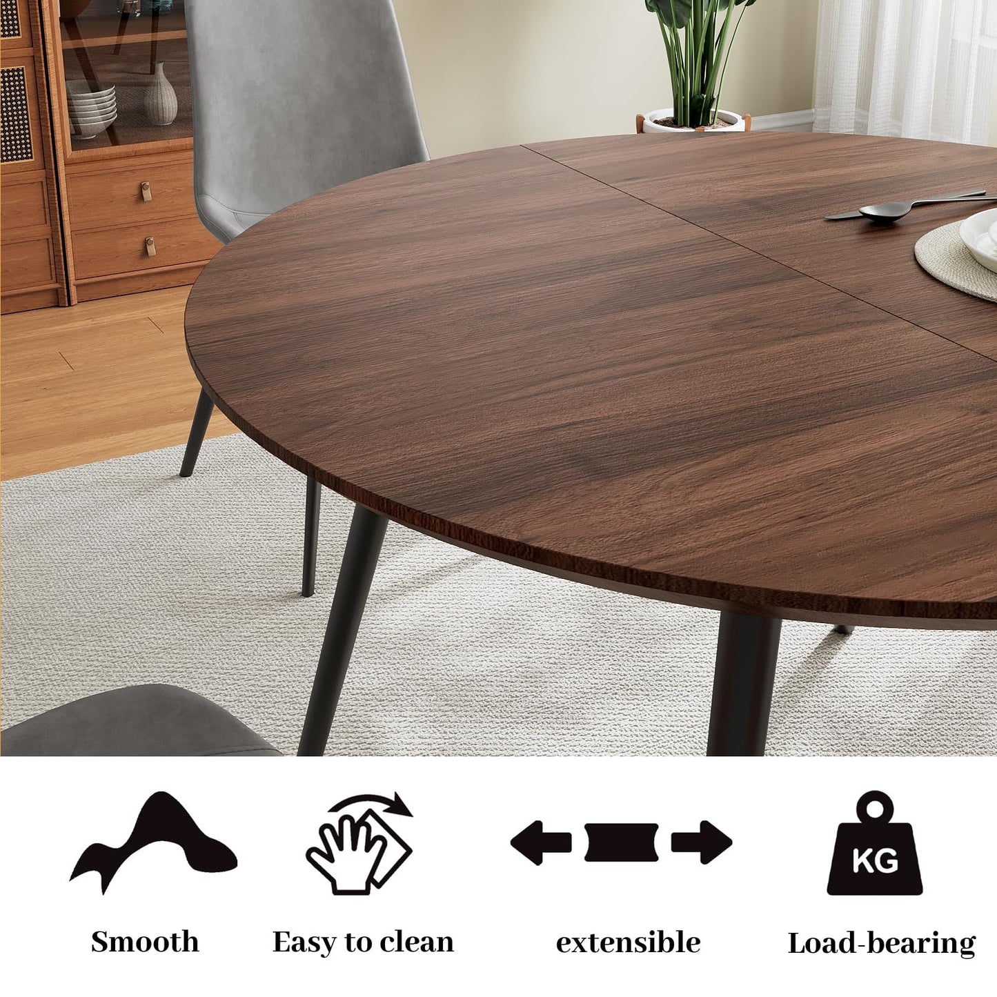 HIPIHOM 43.3"-59.1" Extendable Round Dining Table Set of 6, Mid Century Wooden Round Kitchen Table, Coffee Table for 4-6 Person,6 Gray PU Leather Chair