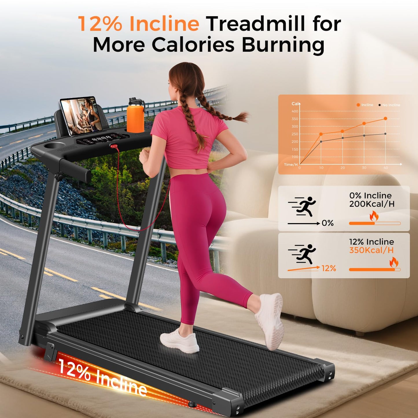 Aiteid Treadmill with Incline,3.0HP Small Treadmills for Home,Portable Electric Treadmill with Handles,Lightweight Walking Pad,Compact Running Treadmills,Walking Pad with Handle,300LBS Capacity(Black)