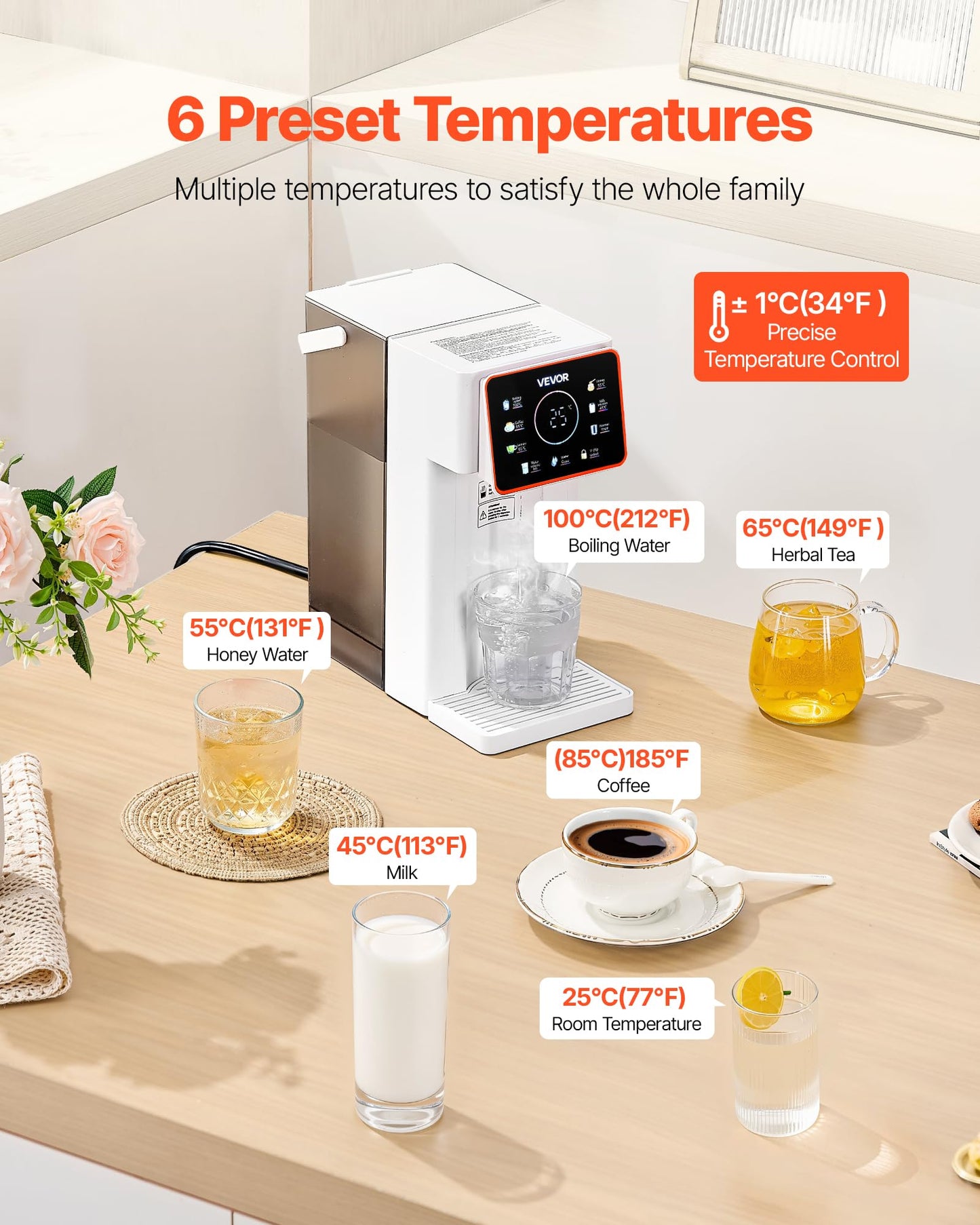 VEVOR Instant Hot Water Dispenser, Countertop Boiling Water Dispenser with Adjustable 6 Temperatures & 7 Water Volumes, 101oz Removable Water Tank, Quick Heating with Touchscreen & Child Lock for Home