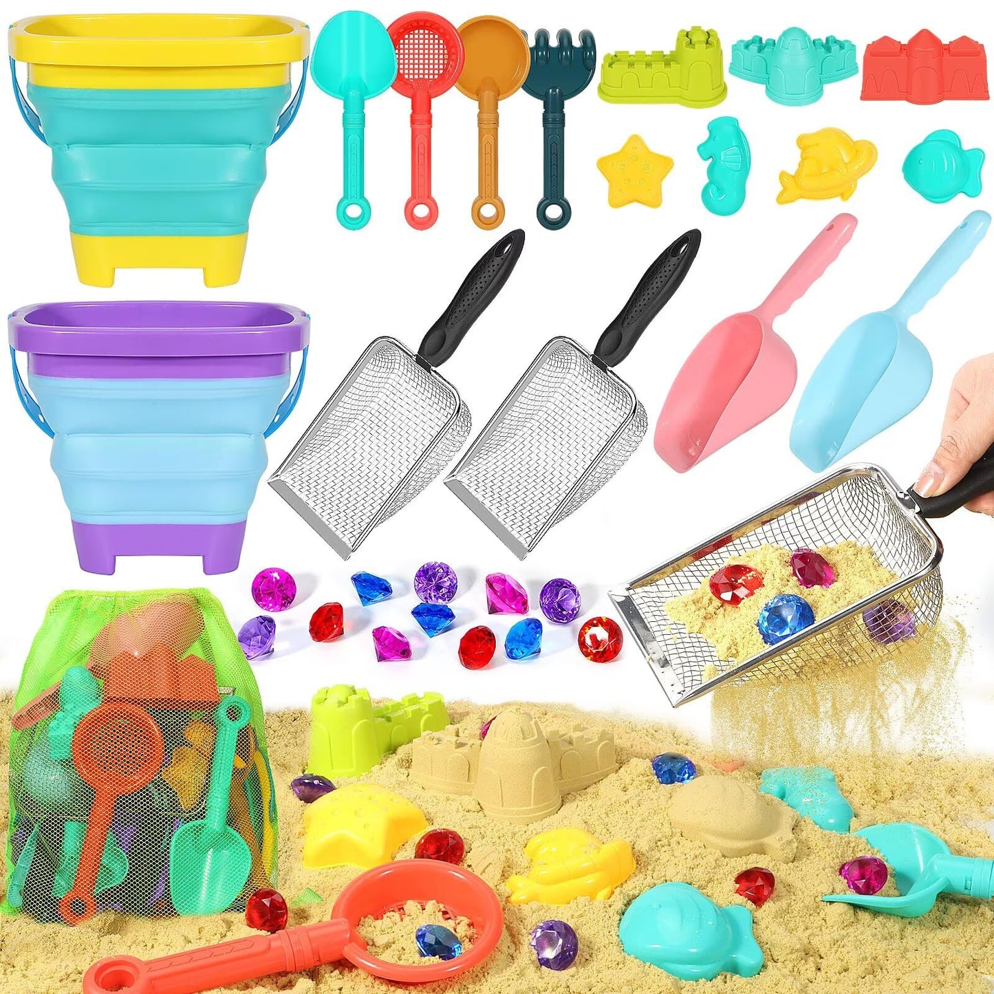 Beach Sand Toys for Kids,Sand toys with 2 Collapsible Beach Bucket,2 Beach Sifter Shovel,Sand Shovel Set,Sand Castle Kit,Sea Animal Molds,Diving Gem Pool Toy,Mesh Bag Travel Toys for Toddler 3-10