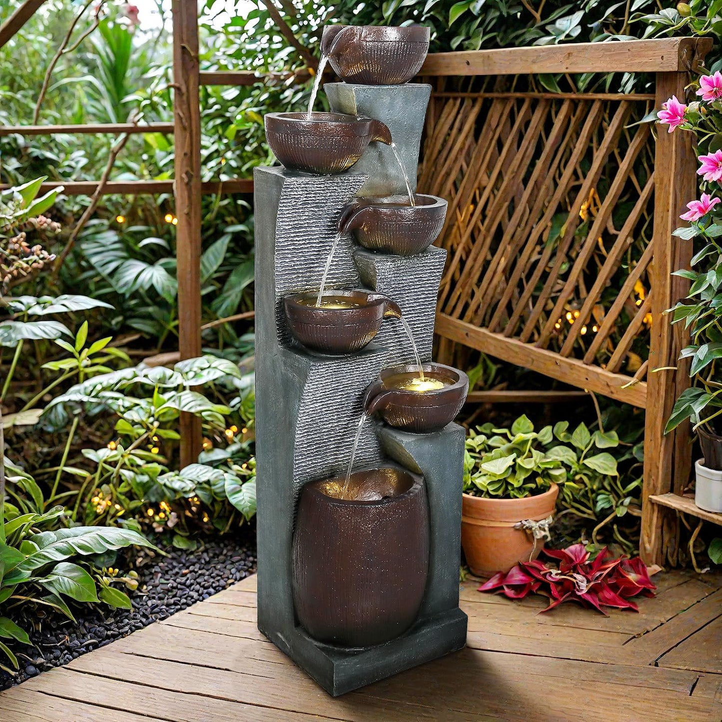 BBabe 53.5in High Outdoor Indoor Water Fountain, 6-Tiered Poly-Resin Waterfall Fountain with LED Lights, Decorative Floor Standing Fountain for Garden, Patio, Yard, Home Decor