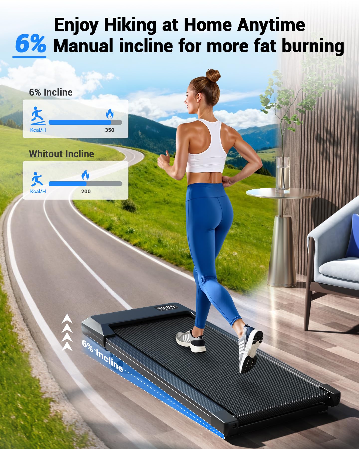DeerRun Walking Pad Treadmill with 6% Manual Incline, Under Desk Treadmill for Home Office & Small Spaces, 0.6–3.8 MPH, 2.5 HP, 300 lb Capacity, App & Remote Control