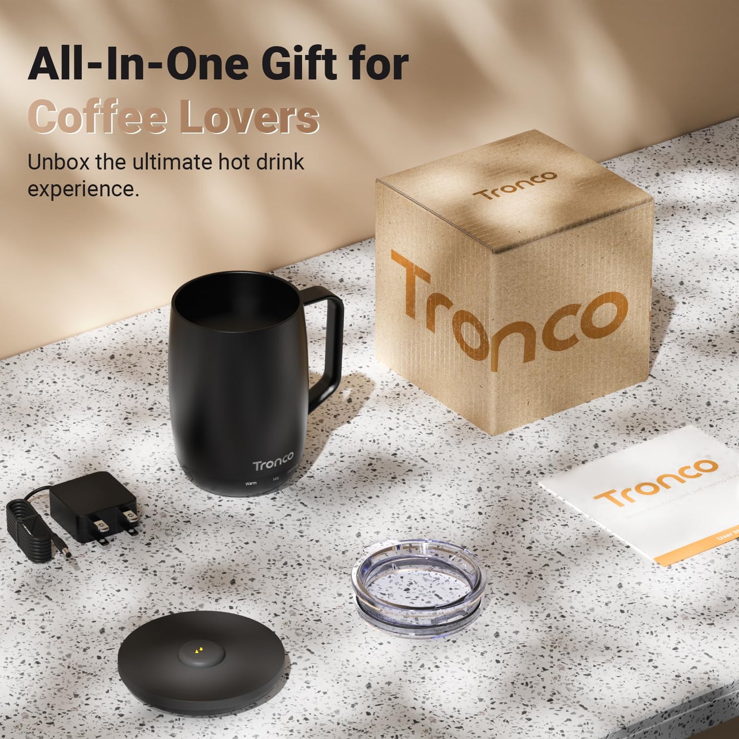 Tronco Temperature Control Heated Coffee Mug 14 oz – Rechargeable Self-Heating Coffee Cup with Lid – Manual Control, 3 Modes, 130 Min Battery Life, Auto Shut-Off (Rose)