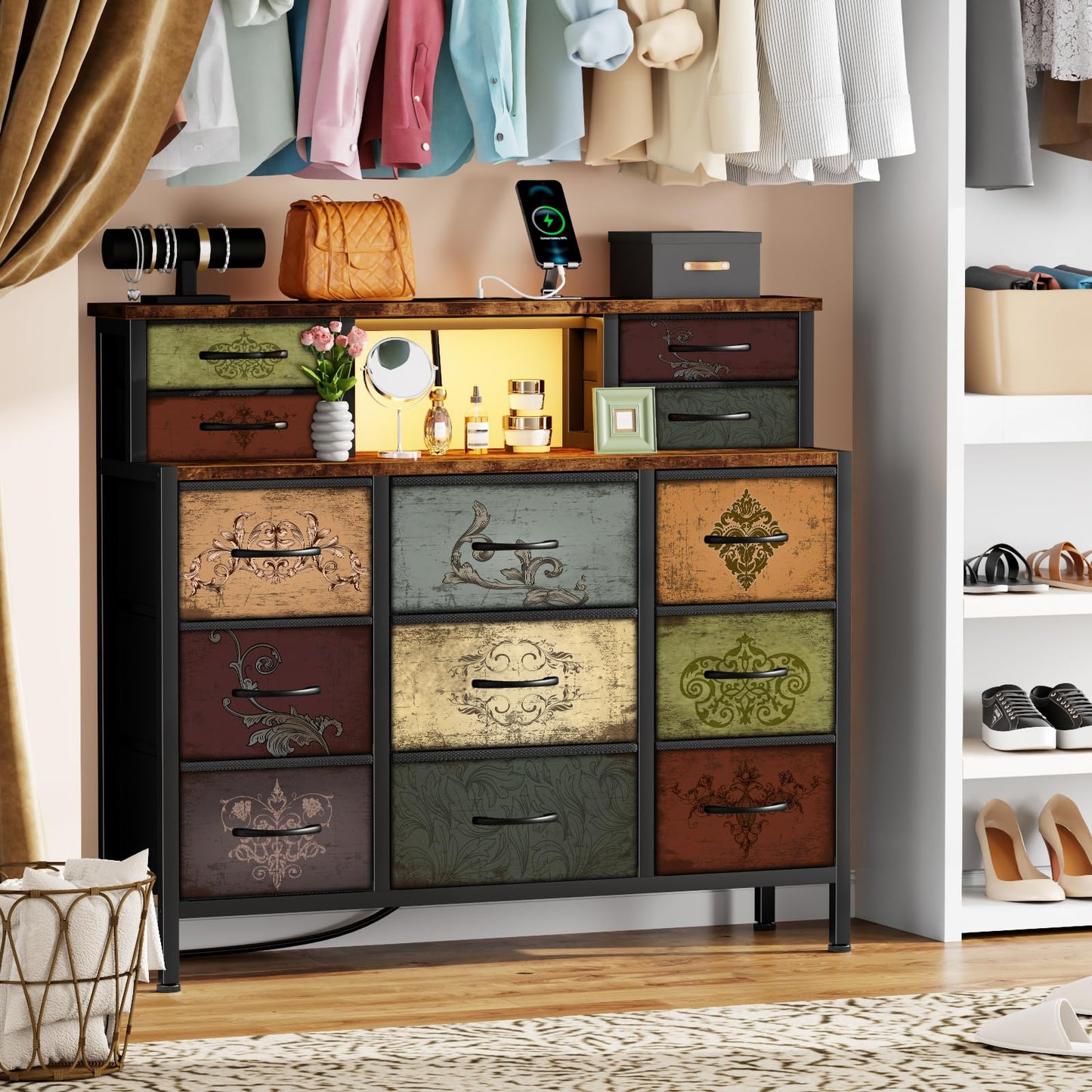 VASICAR Dresser for Bedroom with 13 Drawers 2 Open Shelves, Fabric Storage Dresser, Chest of Drawers, Pattern Organizer for Closet, Bedside, Living Room, Entryway, Hallway