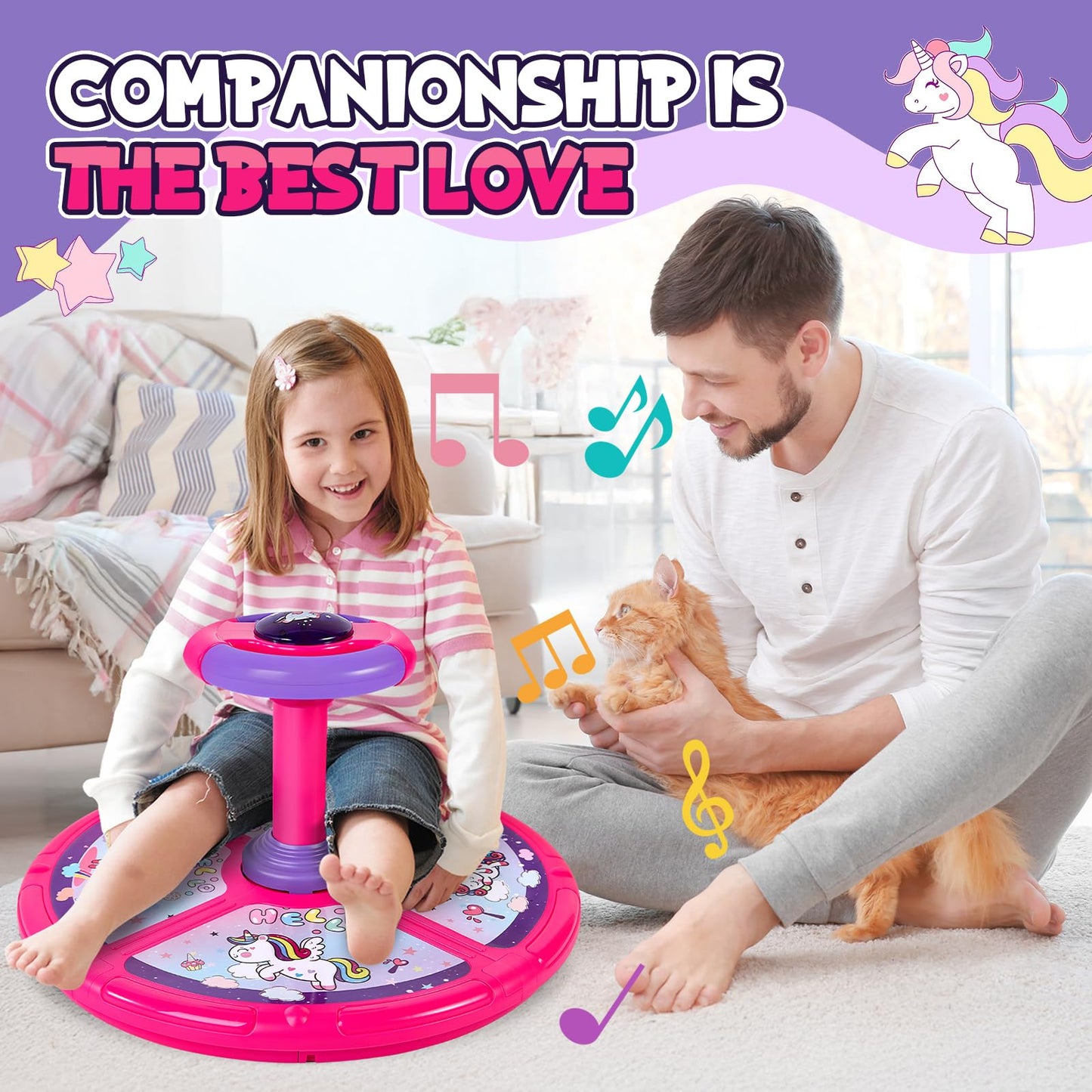 Unicorn Sit and Spin, GODELAIF Sit and Spin Toy 360° Spinning Stool Seat Sensory Toys Christmas Birthday Gift with Music & LED Lights for Kids Toddlers Girls Boys 2, 3, 4, 5, 6 Years Old