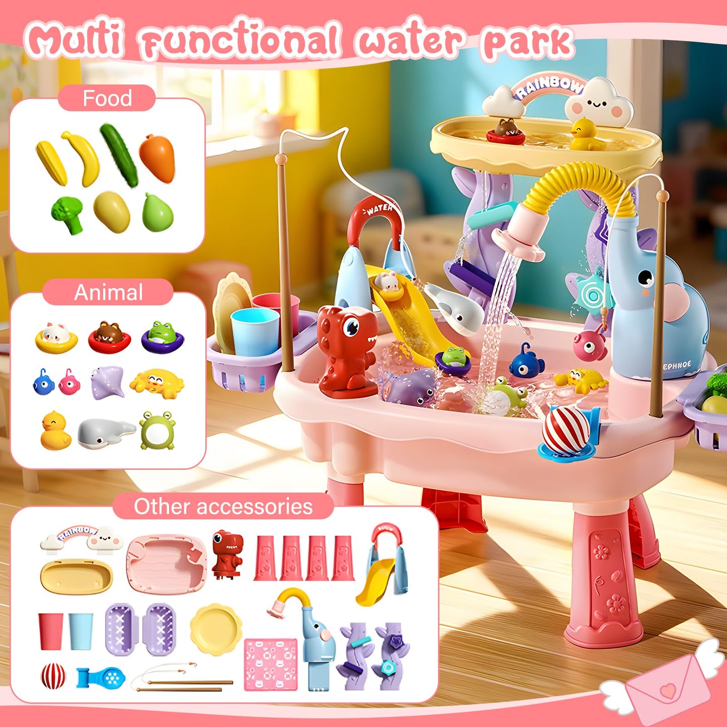 TUVBPK 2027 Upgraded Toddler Sand Water Table Toy with Electric Water Pump, Kids Sand Water with Faucet/Play Food Accessories/Fishing Toy, Kitchen Play Sink Toys for Girl Boy Age 3+ (Pink)
