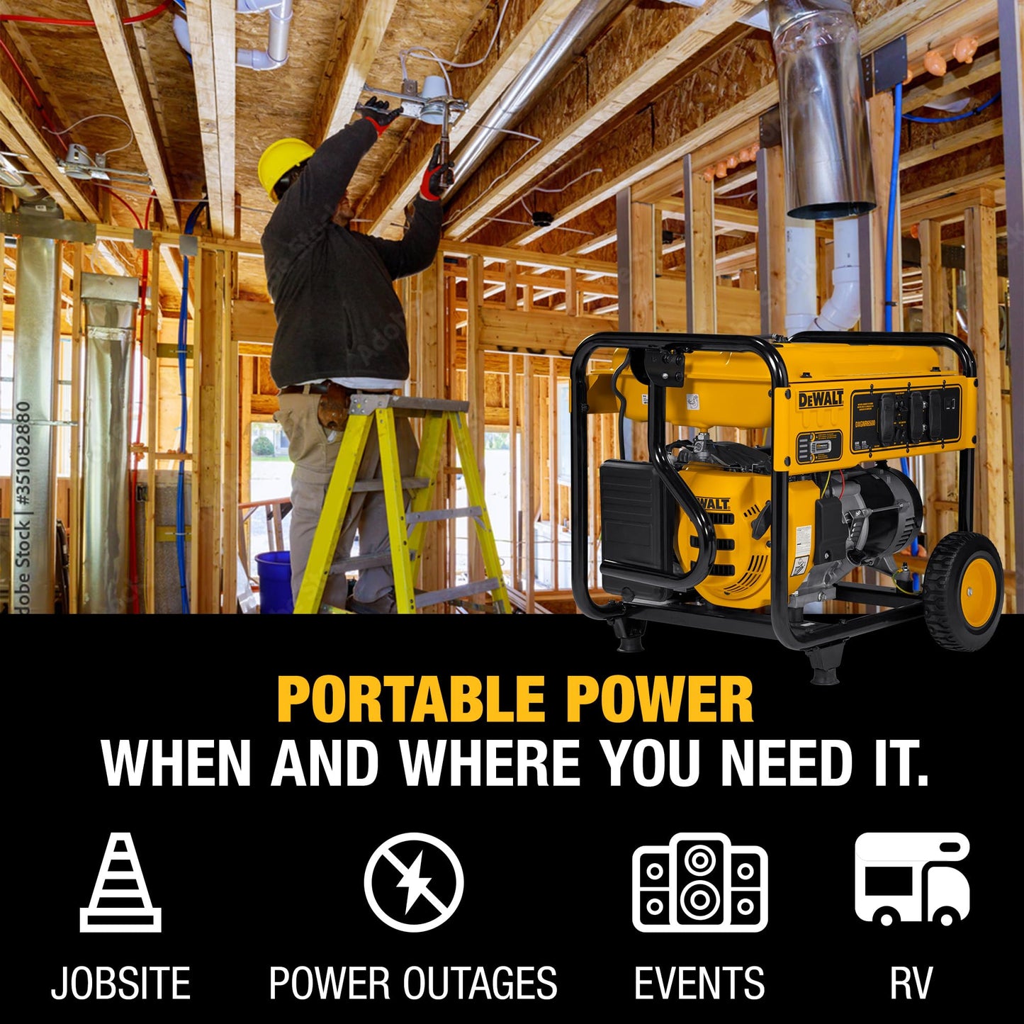 DeWalt 5,000 Starting Watt Portable Gas Generator, 223cc Engine, Idle Control Technology, CO Protect Carbon Monoxide Detection, Never-Flat Wheels, Heavy Duty Steel Frame, Emergency Jobsite Power