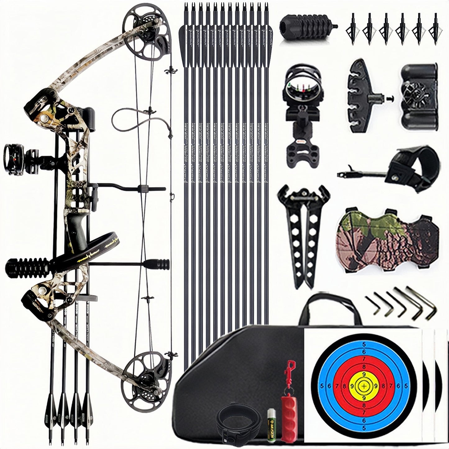 Lanneret Compound Bow and Archery Sets - Right Hand Archery Compound Bows 0-70 lbs Draw Weight Adjustable for Adults and Beginners，Hunting Bow Kit for Beginner Camouflage