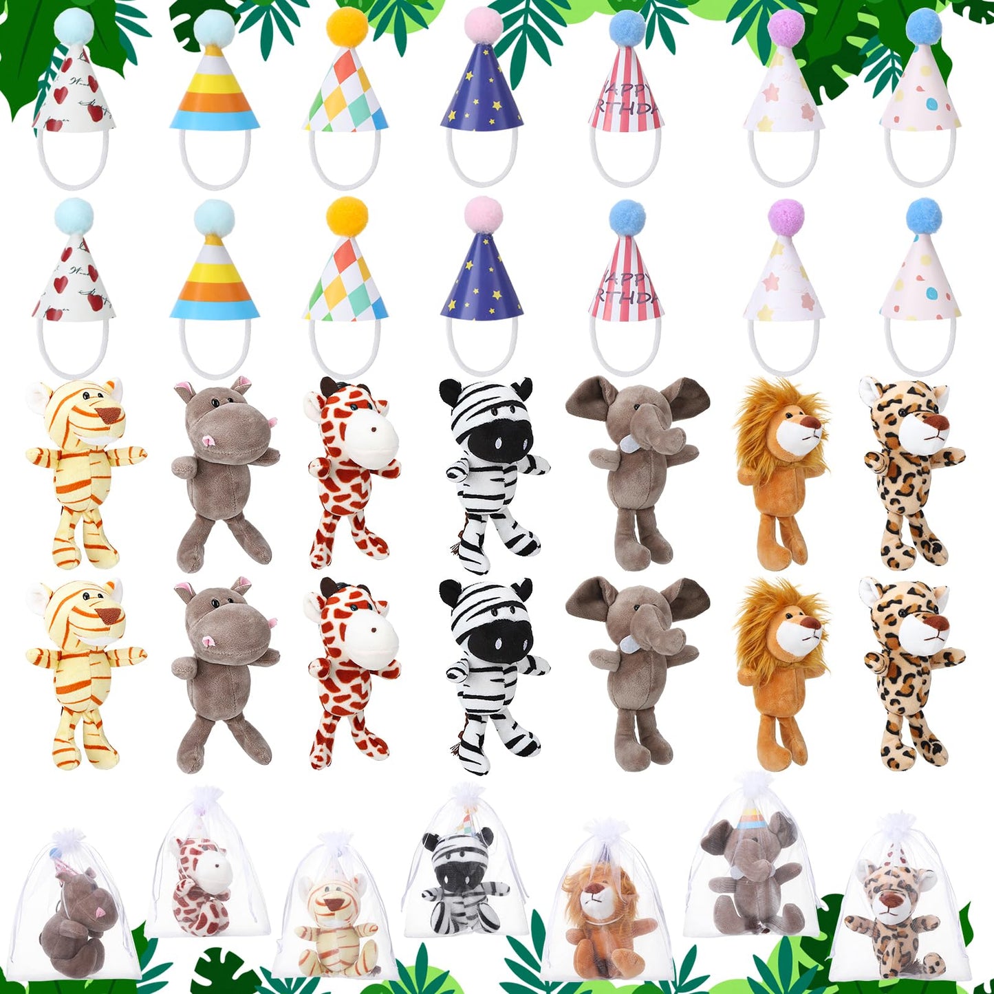 Guiqulai 14 Pcs Mini Jungle Animal Plush Toys Set, Including 14 Pcs Stuffed Safari Forest Animals with Birthday Hats, Organza Bag for Birthday Favor Theme Party