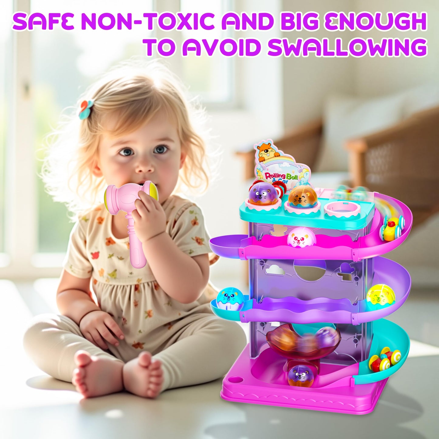 2-in-1 Rolling Ball & Car Ramp Race Track for Toddlers, Hammer Ball Drop Toy for Boys & Girls, Interactive Playset w/Sensor Lights - Montessori STEM Learning Toys for Kids 1-5+ Year Old