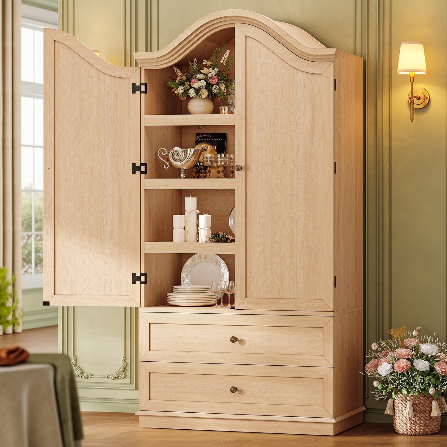 ANGRYWIN 70.9" Tall Kitchen Pantry Cabinet with 4 Shelves & 2 Large Drawers, Farmhouse Kitchen Cabinet, Versatile Pantry Storage Cabinet for Kitchen, Dining Room, Natural