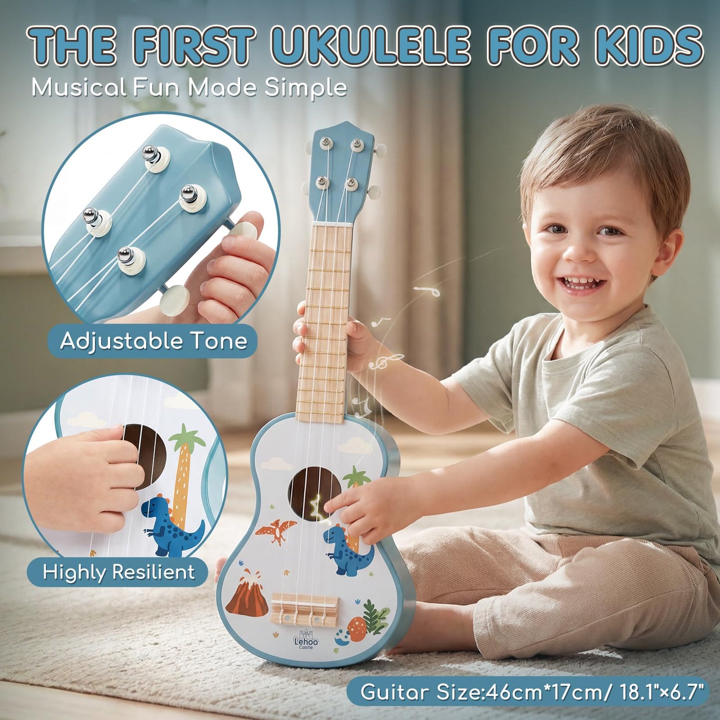 Lehoo Castle Kids Guitar Set, Dinosaur Guitar for Toddlers 1-3, Wooden Montessori Musical Instruments 7 in 1 with Ukulele/Tambourine/Maracas/Flute, Mini Band Set Birthday Gift for Boys Girls
