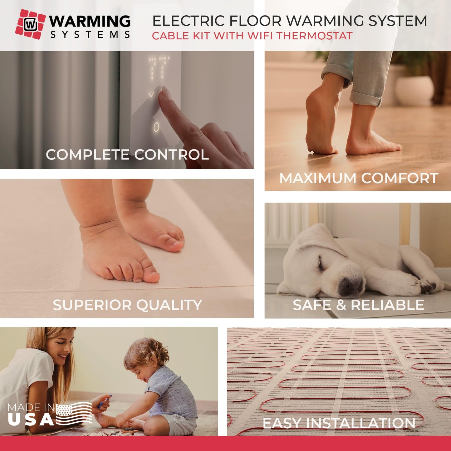 Warming Systems - 15 Sqft 120V Electric Radiant Floor Heating Kit – Includes Heating Cable, Programmable Thermostat, Sensor, Cable Guides, Installation Monitor and Under Tile Heated Floors