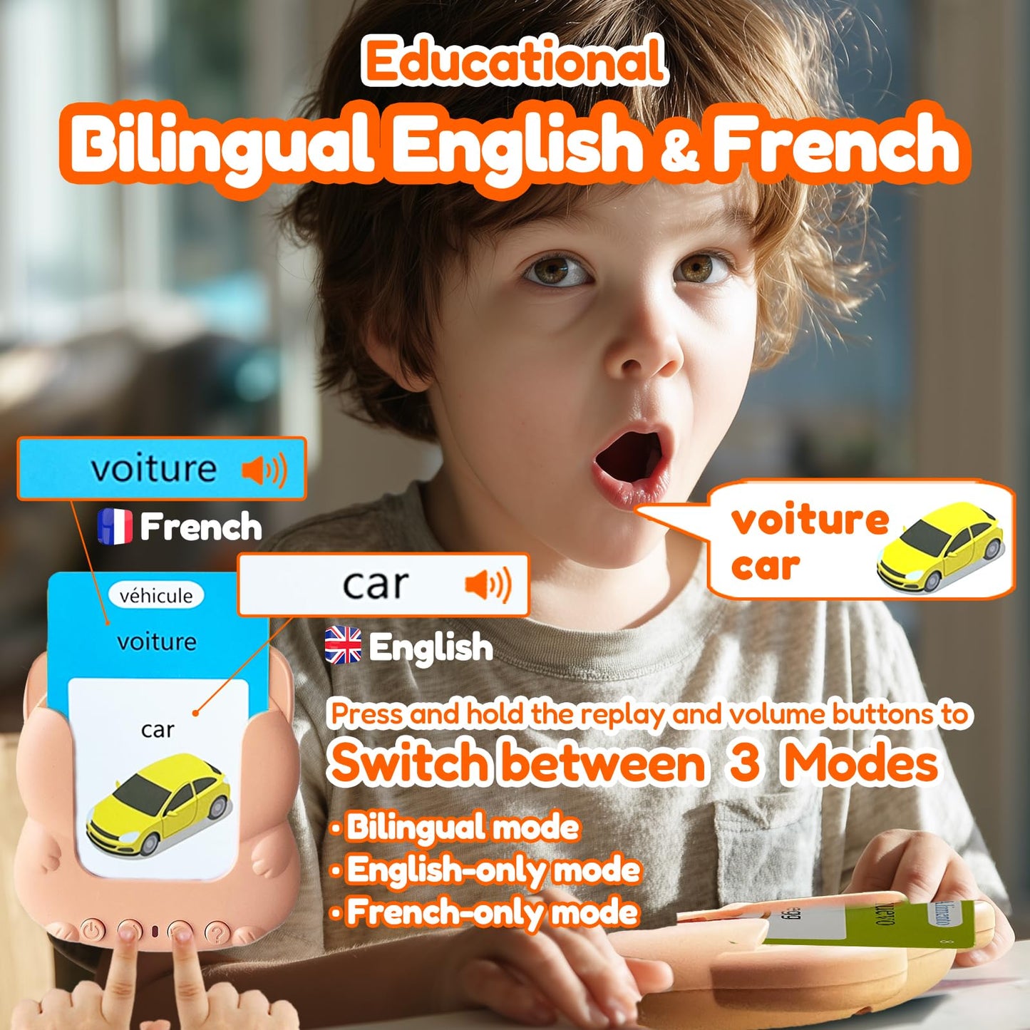 MoLingvora Talking Flash Cards Bilingual for Toddlers - French English Flashcards for Kids Adults, Test Mode, Pocket Speech Children, Interactive Vocabulary Learning, Audible Gifts Boy Girl (French)