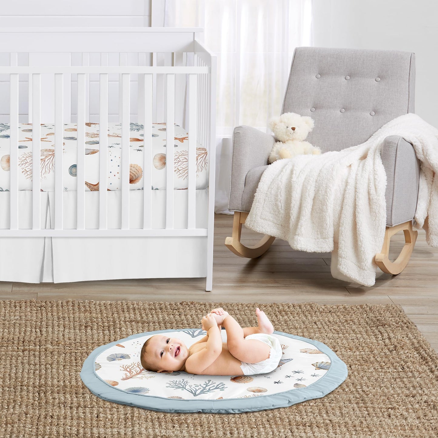 Sweet Jojo Designs Ocean Seashells Boy, Girl, Unisex/Gender Neutral Baby Play Mat Tummy Time Activity, Toddler Floor Infant Playmat - Nautical, Beach Theme, Watercolor, Starfish, Coastal, Aquatic, Sea