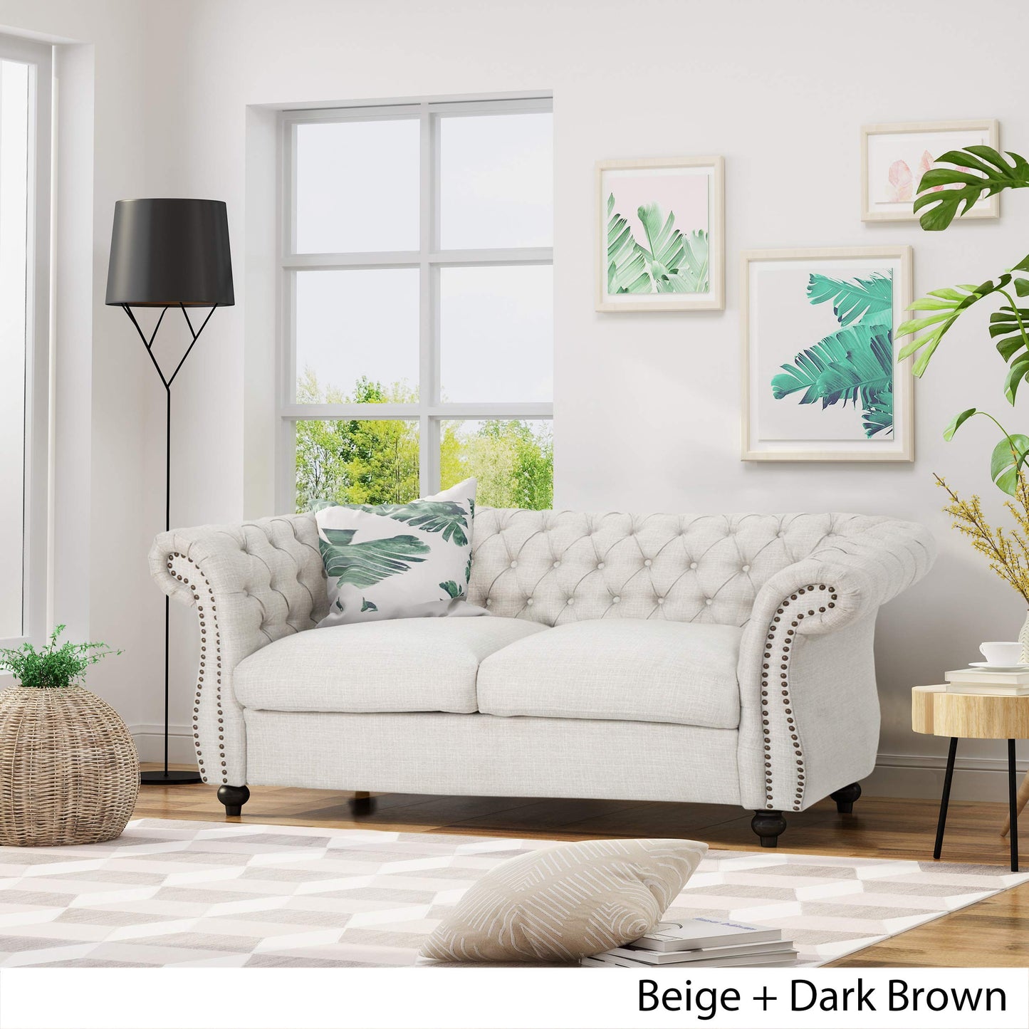 Christopher Knight Home Karen Traditional Chesterfield Loveseat Sofa, Beige and Dark Brown, 61.75 x 33.75 x 27.75