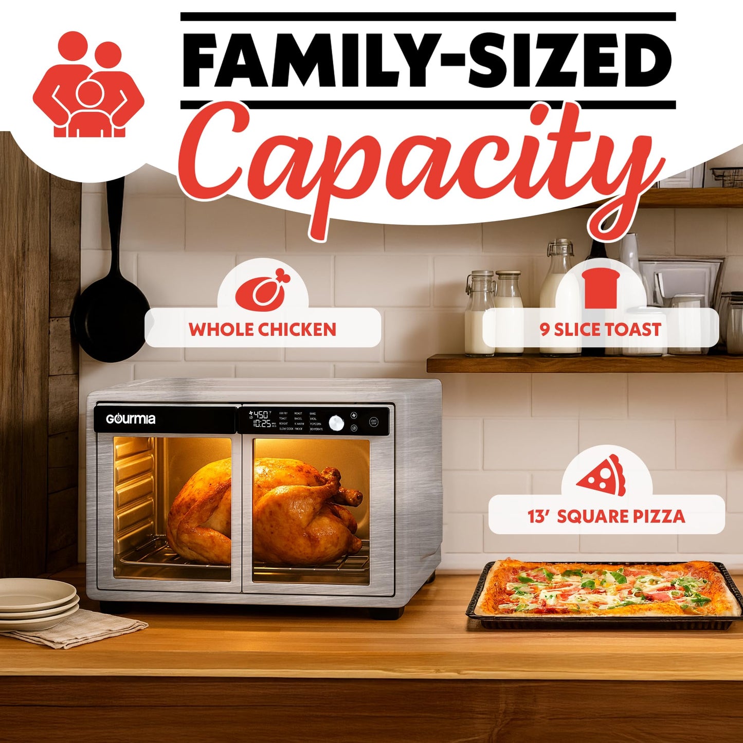 Gourmia French Door Air Fryer Oven - 37 Qt Large Capacity Convection Toaster Oven, FryForce 360°, Digital Display, 12 Cooking Presets, Dehydrate, Fits 13” Pizza, Dishwasher-Safe, Stainless Steel