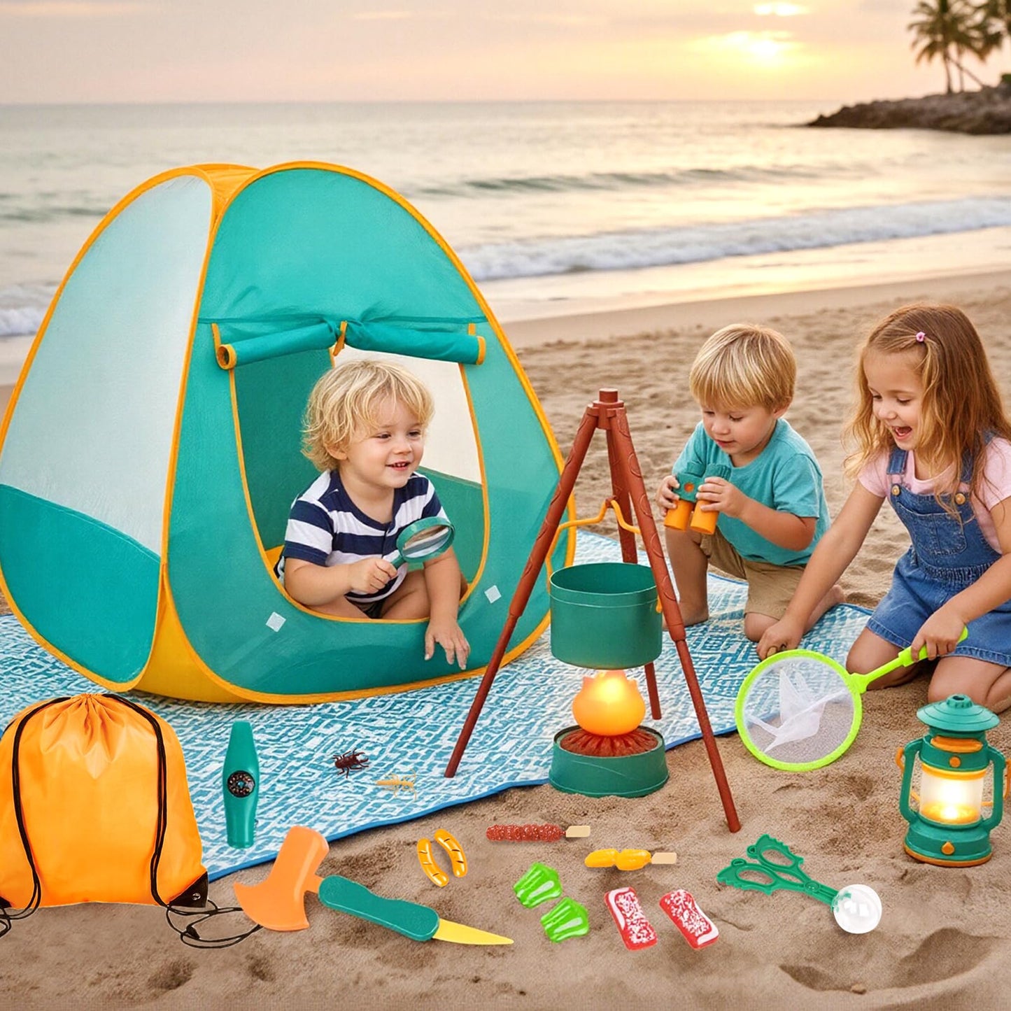 Meland Kids Camping Set with Tent - Toddler Toys for Boys with Campfire, Camping Toys for Kids Indoor Outdoor Pretend Play, Gift Idea for Boys Age 3,4,5,6 Year Old Birthday Christmas (Green)