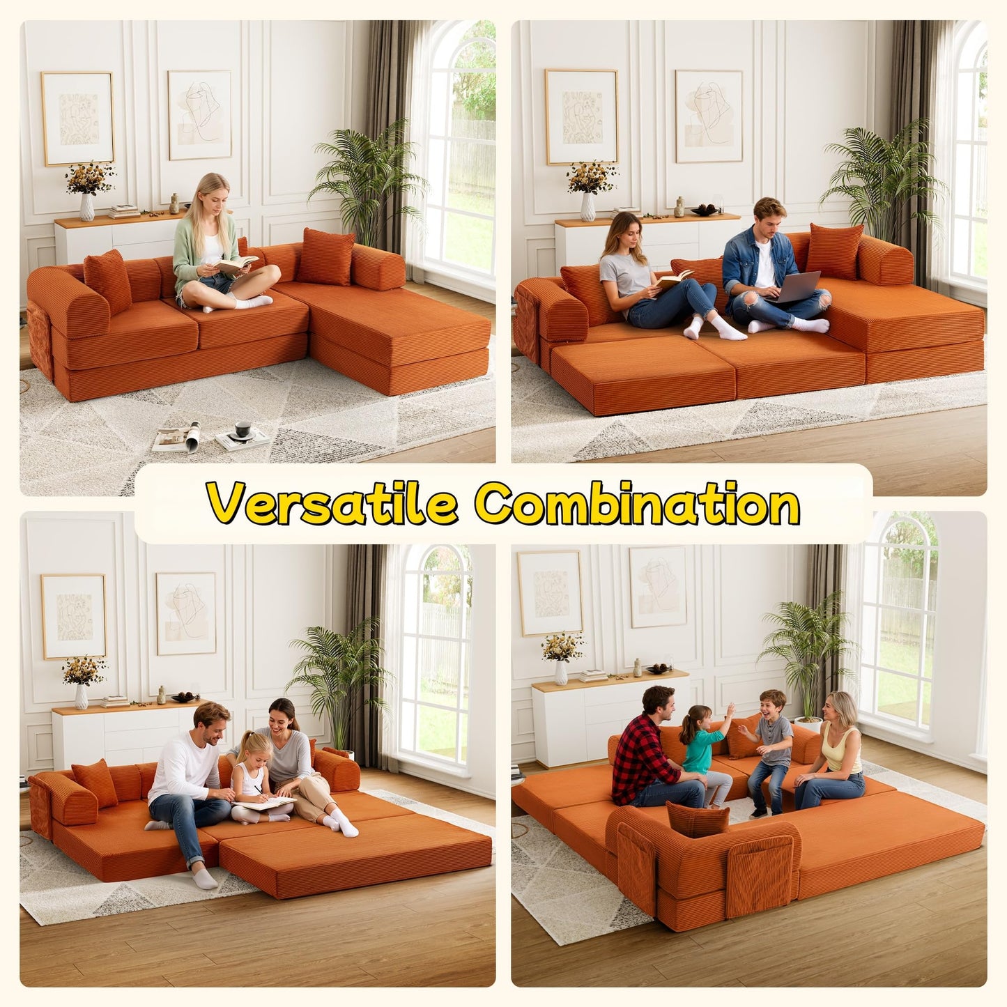 Topcomfy 106.3" L Shape Convertible Sleeper Sofa Bed, Oversized Modular Sectional Cloud Sofa with Fixed-Shape Frame & Storage Pocket, Boneless Couch for Living Room, No Assembly Required, Orange