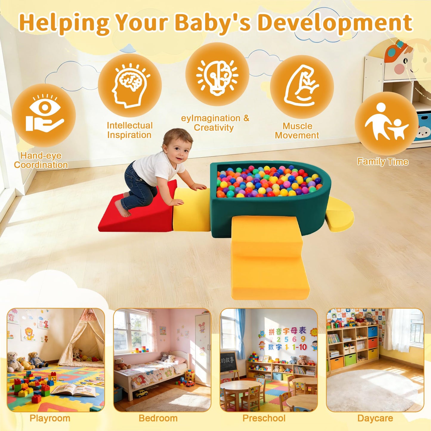Foam Climbing Blocks for Toddler, Indoor Soft Climbing Toys with Ball Pit for Baby, 6pcs Soft Play Set Climbing Crawling Blocks for Playroom LivingRoom, Birthday Gift for 1-3 Years(Balls not Included)