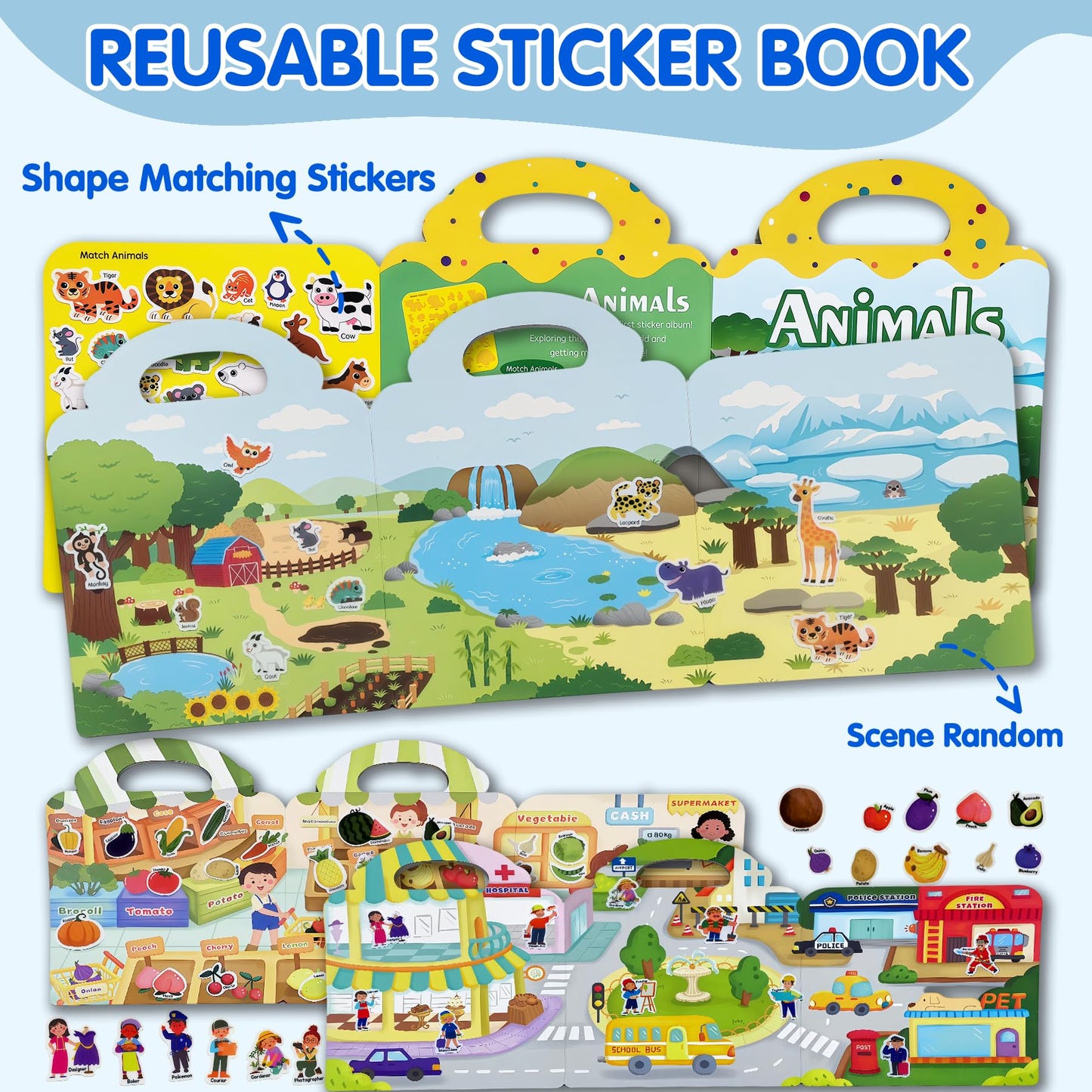 ACGROW 6 Sets Reusable Sticker Book for Kids, Puffy Jelly Stickers for Toddlers, Travel Essentials Craft Activities Toys for Boys Girls Birthday Gifts